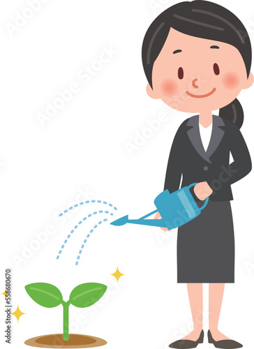 スーツの女性が植物の芽に水やりをするイラスト