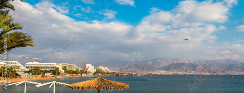 Panoramic view on public beaches in Eilat - Israeli southernmost and famous t...