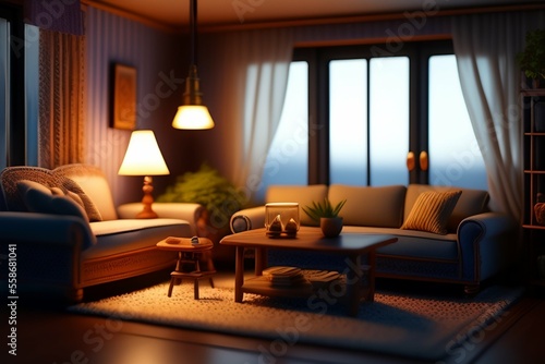 A realistic dollhouse living room,kitchen room and bed room luxury hyper realistic vintage cozy interior lighting © peacefy