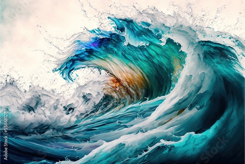 a painting of a large wave in the ocean on a white background with a blue sky and white clouds above the wave is an orange and blue hued orange hued ocean foamy wave.