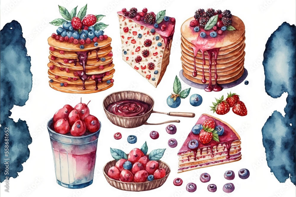a watercolor painting of a variety of desserts and pastries on a white ...