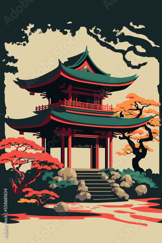 japan temple or asian pagoda, japanese traditional landmark with cherry blossom tree
