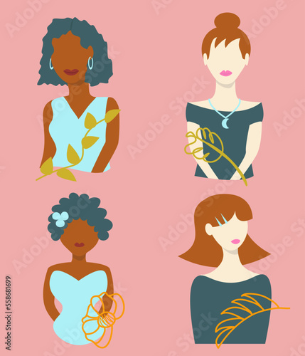 Icons set with multiracial women portraits