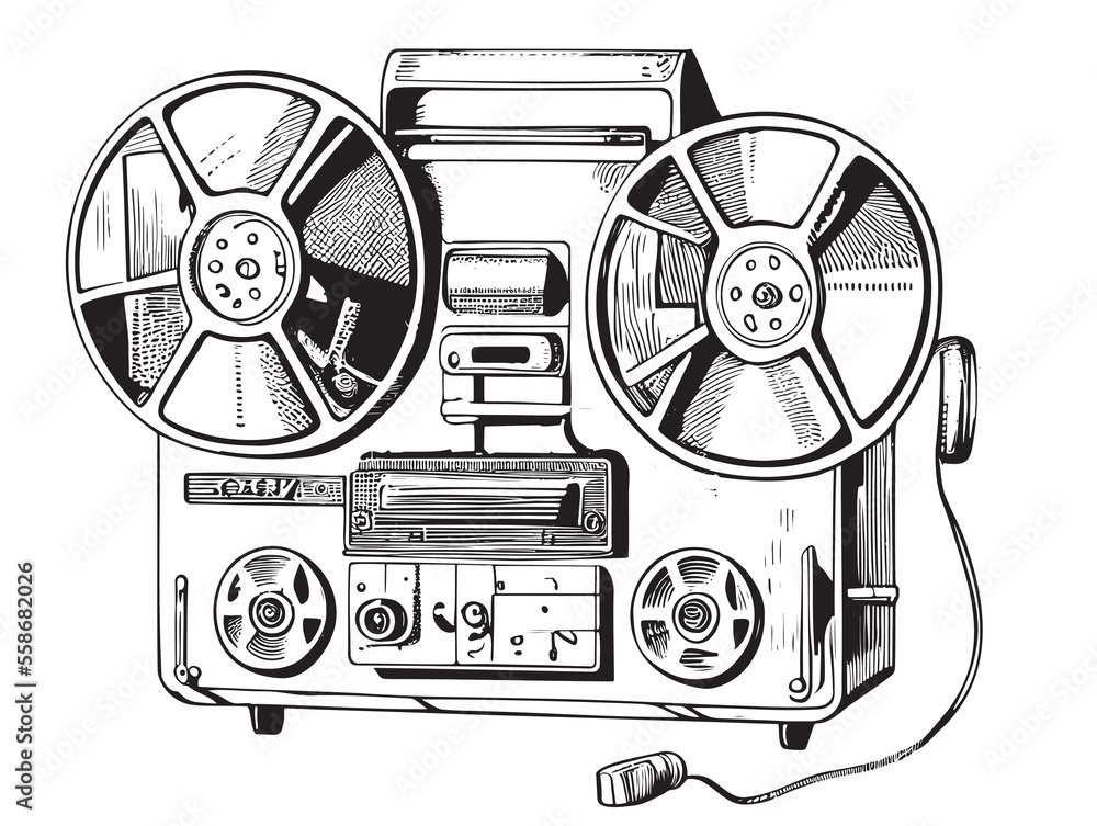 Reel-to-reel stereo tape recorder retro sketch, hand drawn in doodle style Vector illustration - obrazy, fototapety, plakaty 