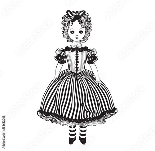 Retro doll in a ball gown, hand drawn in doodle style Vector illustration