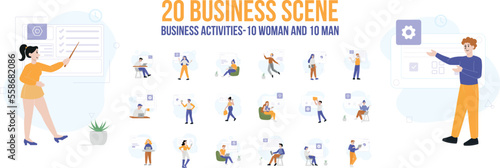 Business working with men and women, vector design. Office activities with single man and woman. Flat design characters. Concept employee illustrations.