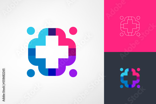 A medical cross made up of the four human or people symbol. A logo with an geometric taste, youthful, simple and sophisticated. Suitable for medical and drug companies.