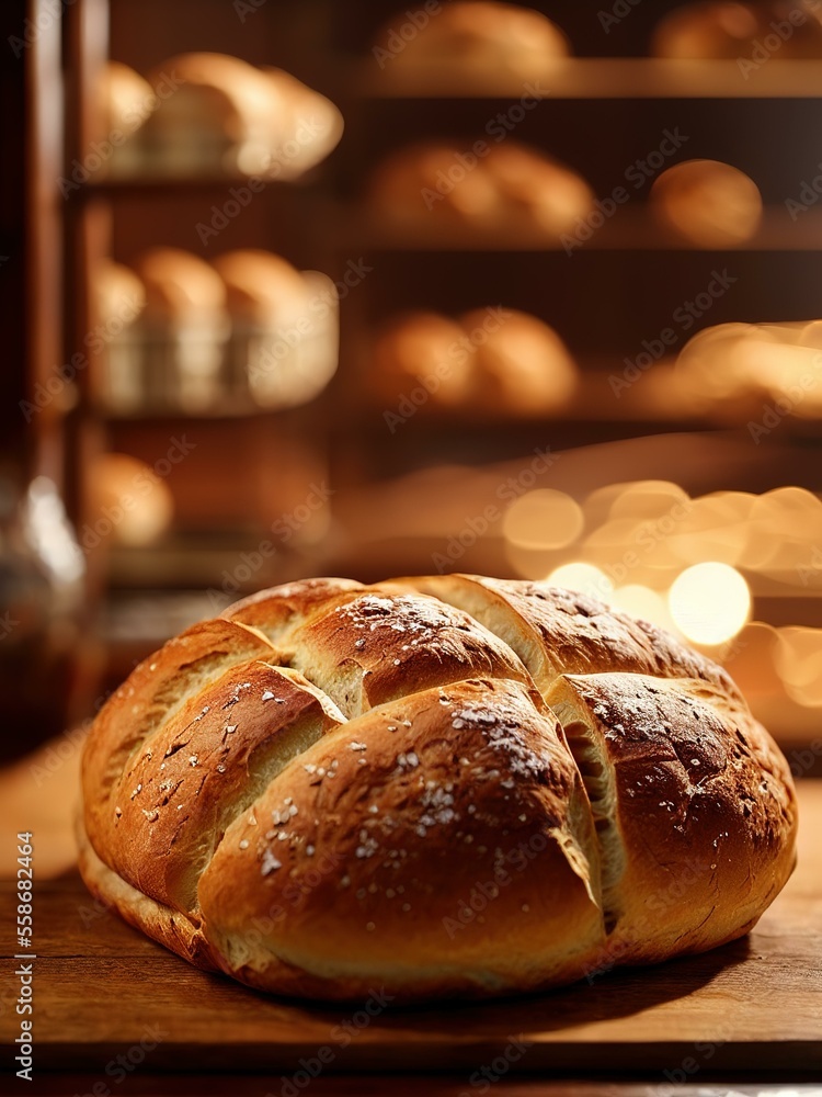 Bakery - gold rustic crusty loaves of cut bread and buns. Still life captured with dramatic lighting and brown colours. Fresh cut bread.
