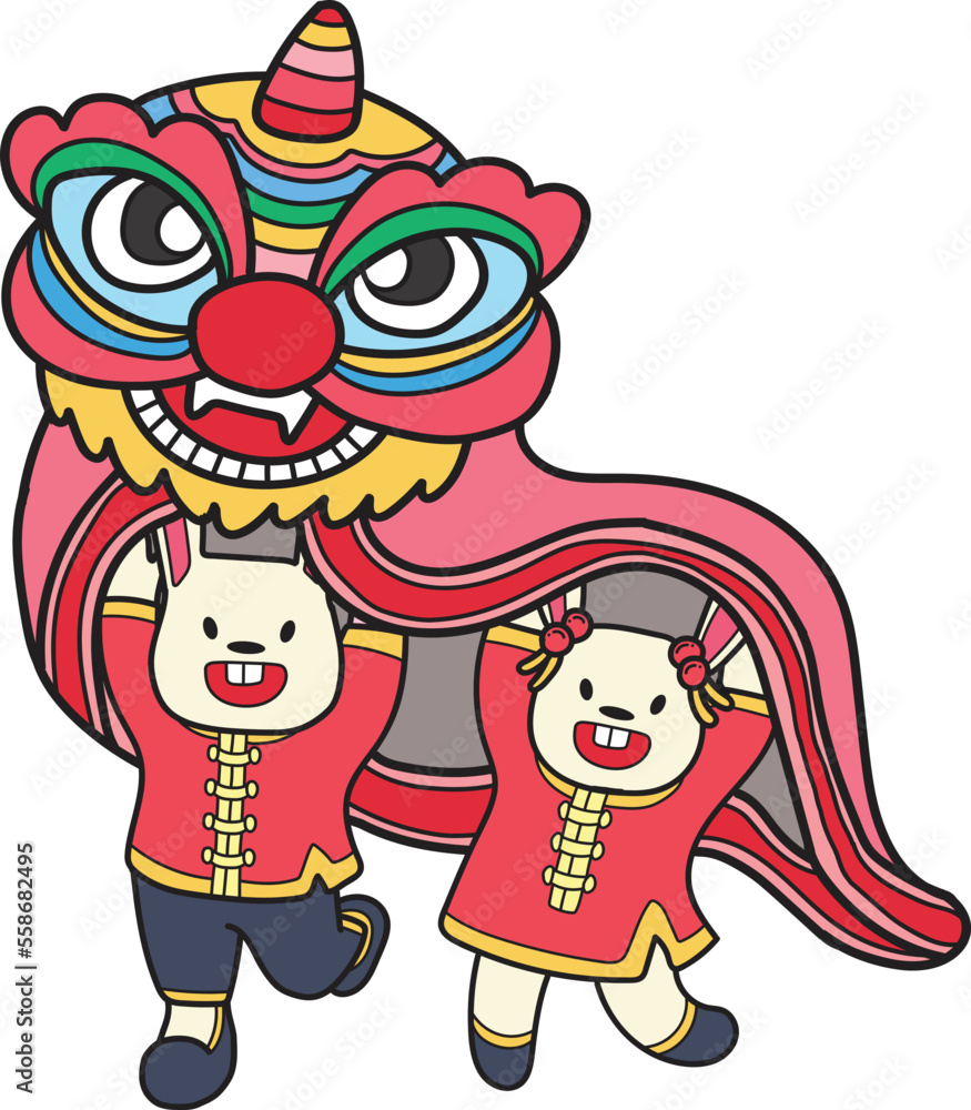 Hand Drawn Chinese lion dancing with a rabbit illustration Hand Drawn Chinese lion dancing with a rabbit illustration
