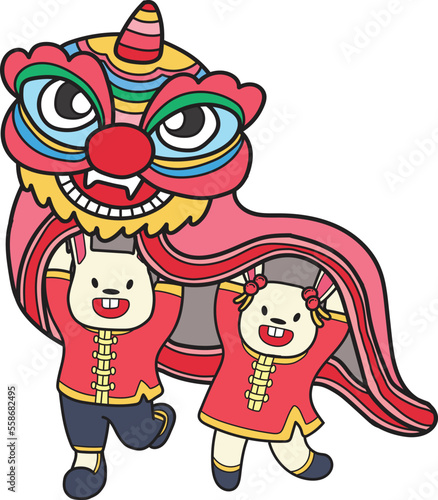 Hand Drawn Chinese lion dancing with a rabbit illustration