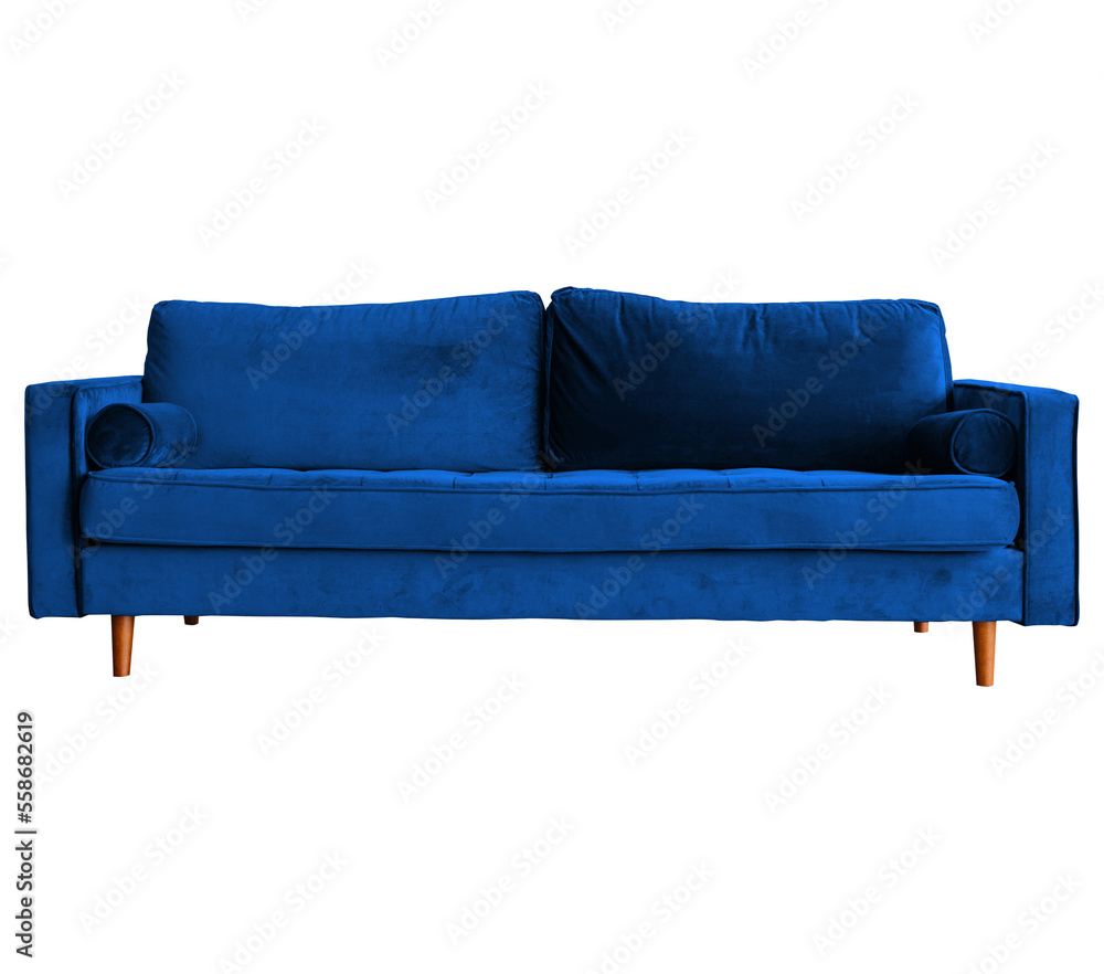 Elegant Blue Velvet Couch Isolated on Transparent Background PNG Stock