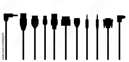 Set of silhouettes of cable wire computer, connector usb and audio, vector illustration