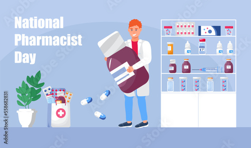 National Pharmacist Day is celebrated in January 12. Healthcare concept vector. Pharmacy seller is working in drugstore and standing near medicine pill
