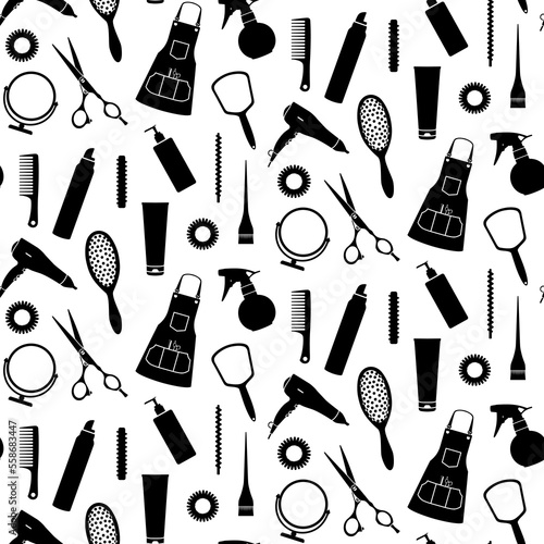 Vector seamless pattern of silhouettes of hairdressing accessories. Hair dryer, scissors, curlers, tubes, combs, coloring brushes, apron, sprayer, mirrors and hair bands.