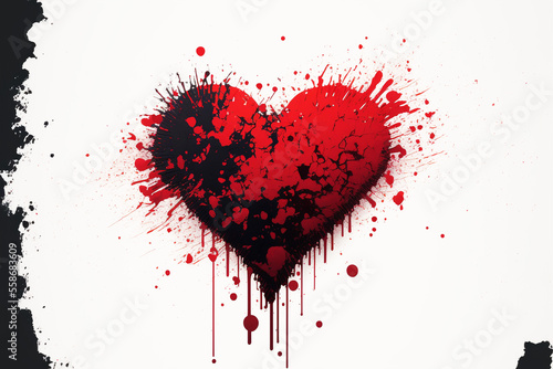 Plain, broken red on black painted heart symbol representing broken heart, broken love on a white background, artwork created with generative ai