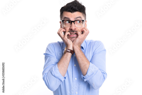 photo of young scared man in panic. scared man in panic isolated on white background.