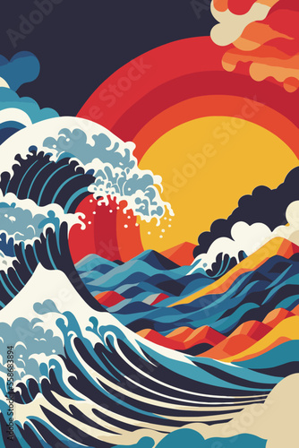 big ocean wave with sun poster in japanese style vector illustration