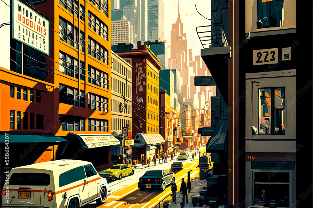 Fototapeta premium a busy street with cars and buildings - Generative AI