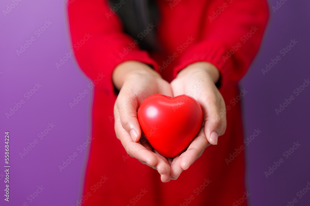 Portrait of pretty asia cheerful lady arms hold heart ball toothy smile isolated on violet color background, for valentine day color tone Portrait of pretty asia cheerful lady arms hold heart ball toothy smile isolated on violet color background, for valentine day color tone