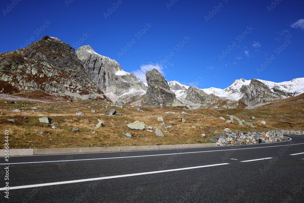 View on the Great St Bernard Pass which is the third highest road pass in Switzerland at an elevation of 2,469 m
