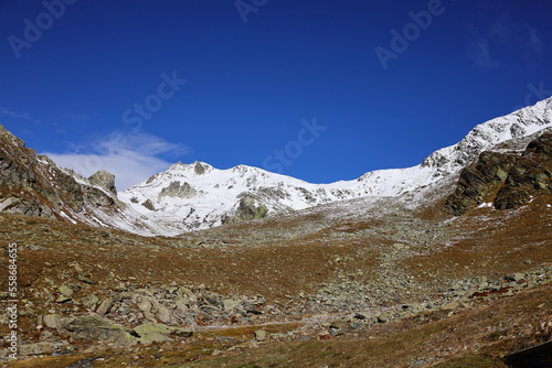 View on the Great St Bernard Pass which is the third highest road pass in Switzerland at an elevation of 2,469 m