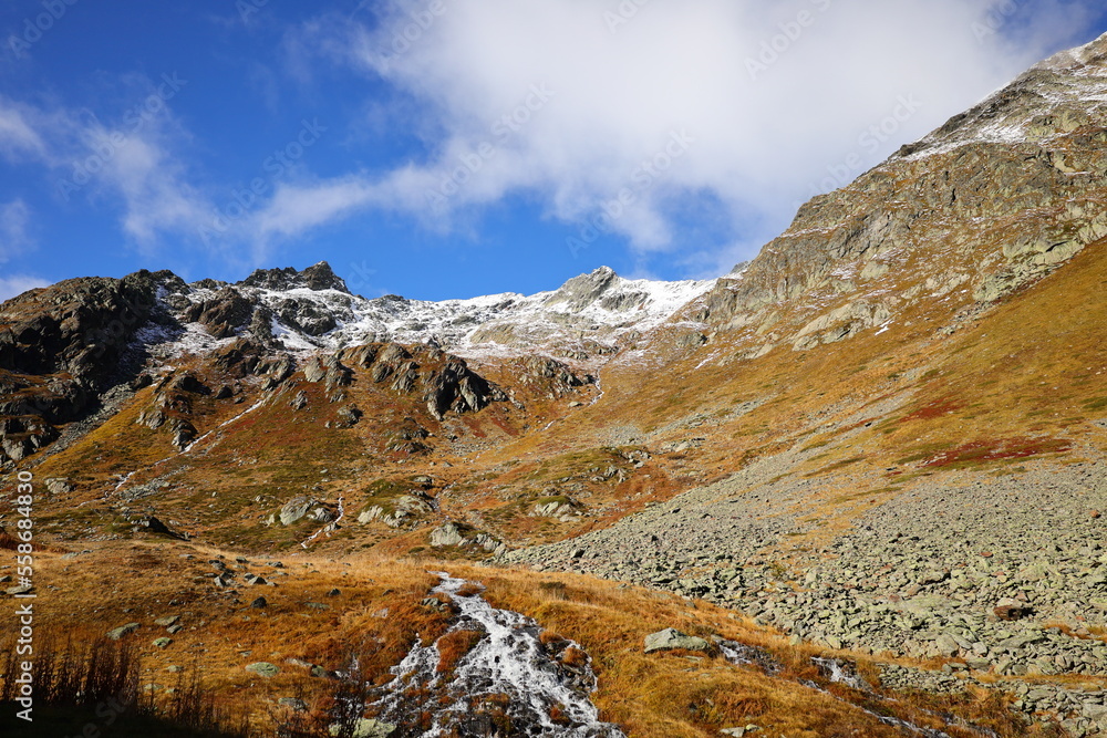 Obraz premium View on the Great St Bernard Pass which is the third highest road pass in Switzerland at an elevation of 2,469 m