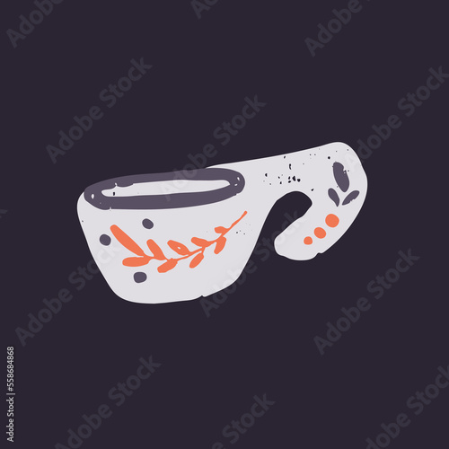 Painted ceramic cup. Handmade ceramics, kitchen stoneware in rustic country style. Hand-made pottery, edgy mug with ornament. Teacup, trendy tableware. Isolated flat vector illustration