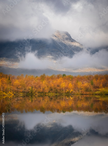 Autumn forest is reflected in the water of lake in the misty mountains