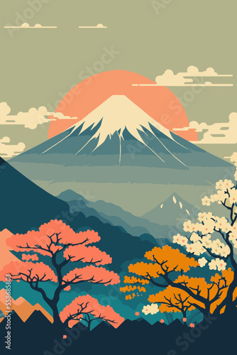 japanese mountain landscape background, mount fuji japan vector background photo