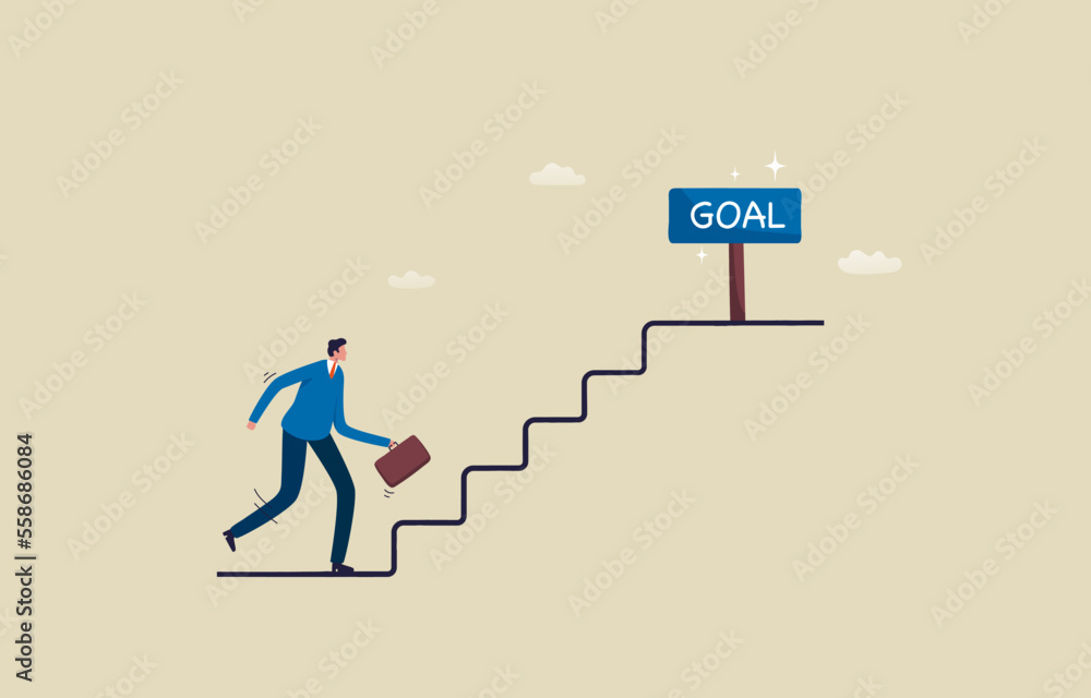 Ladder to the goal. Performance, Achievement, Growth, Career, Success. Businessman walking up the stairs to the goal. Illustration Ladder to the goal. Performance, Achievement, Growth, Career, Success. Businessman walking up the stairs to the goal. Illustration
