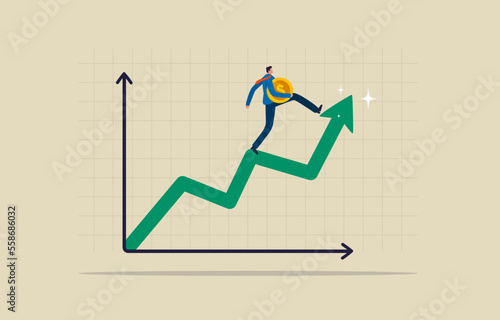 Investment growth. Stock market or fund, bond, gold, crypto, currency. Trading or exchanging currencies. Businessman running up on a growing arrow graph. Illustration