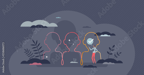 Inclusive equality for all society and community groups tiny person concept. Ethnic, cultural and race unity without racism, prejudice and discrimination vector illustration. Acceptance and solidarity