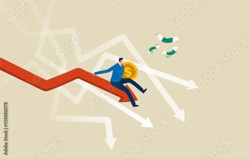 Investment risk, Economic recession. Stock market crash. .Fall of the stock chart. bond, gold, crypto, currency. Businessman falling with red graph. Illustration