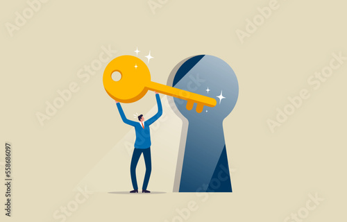 Golden key to unlock. key to success, business solution. Businessman entering keyhole. Illustration