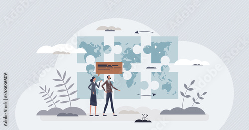 Politics as global diplomatic relationship for countries tiny person concept. International migration and citizen movement to other lands vector illustration. Political foreign influence and interest.