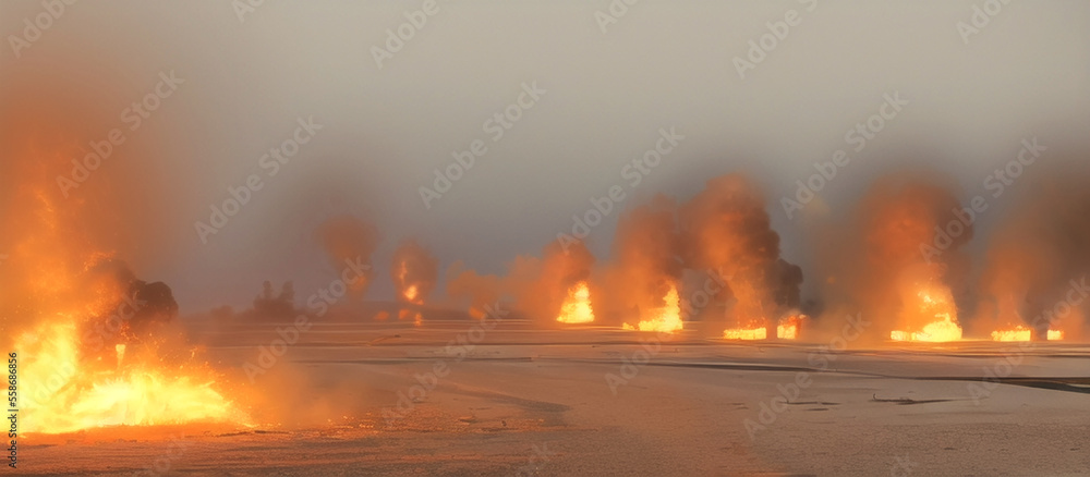 Fototapeta premium Illustration of objects burning in the battlefield. Conflict concept background.