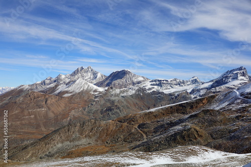 View on the Gornergrat is a rocky ridge of the Pennine Alps, overlooking the Gorner Glacier south-east of Zermatt in Switzerland © clement