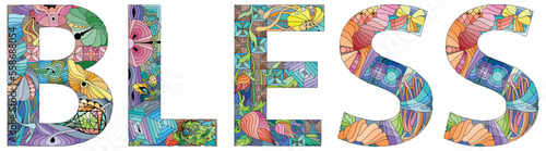 Word BLESS in the style of abstract hand drawing. Letters with ornament