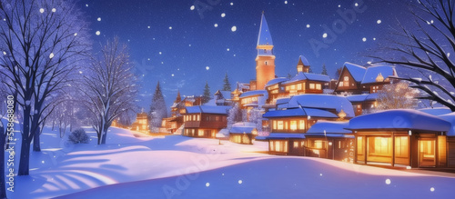 Illustration of fairytale winter cityscape. Snow-covered roofs at snowfall night with a full moon in the sky