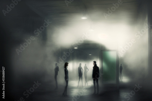 A few dark clad figures meeting secretively in an old fashioned and very misty room. Art created with generative ai