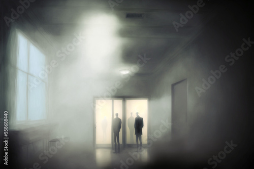 A few dark clad figures meeting secretively in an old fashioned and very misty room. Standing in doorway. Art created with generative ai