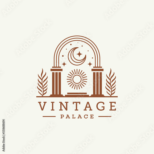 mystic sun doorway logo, antique arch architecture entrance and stairway icon, with door, window and palm trees in contemporary aesthetic boho style