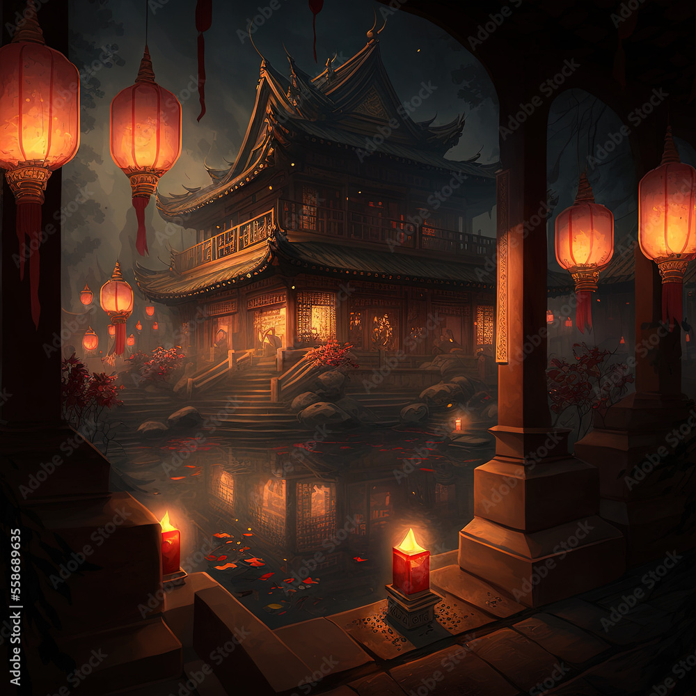 A Chinese temple at night - Generative AI