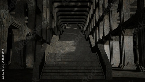eine steinerne Treppe führt hoch hinauf in eine alte Halle