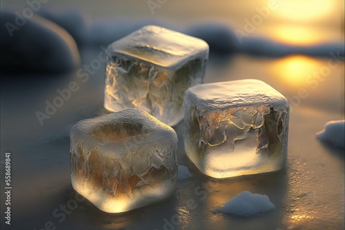 three ice cubes sitting on top of a table covered in snow and ice flakes, with the sun shining through the ice on the surface behind them and behind them, and a soft surface.