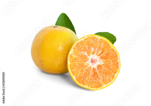 Fresh organic tangerine  shogun  orange fruit with green leaves. orange cut in half. Isolated on white background.