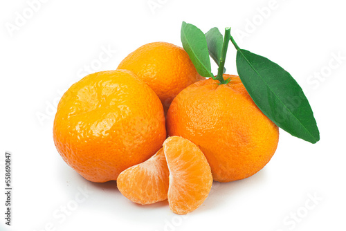 Tangerine fruit with green leaf and slices isolated on white background high quality details