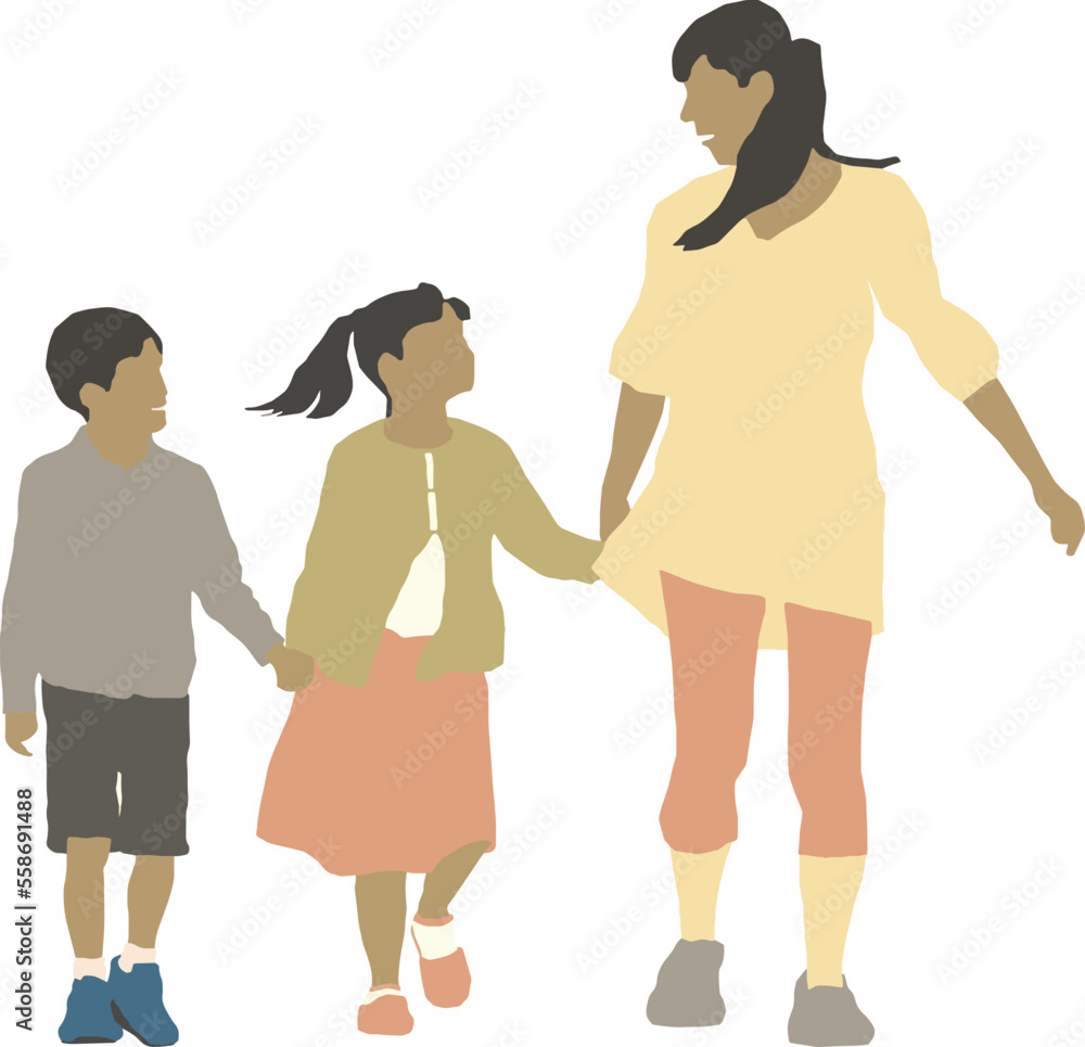 Silhouette Woman and Children Walking 1 illustration vector