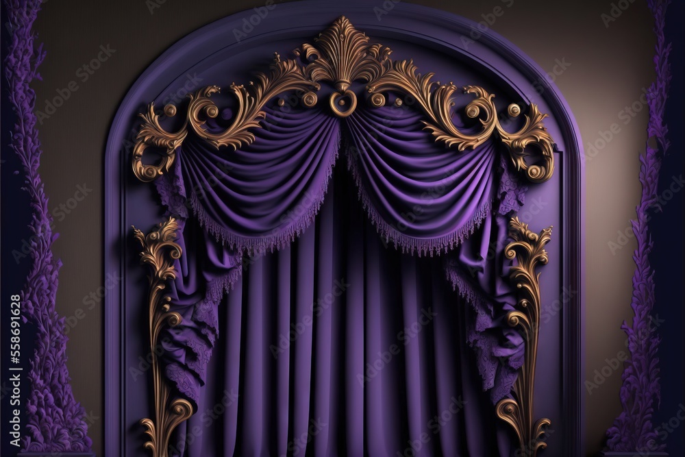 a purple curtain with gold trim and a gold crown on top of it, in front