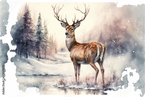 a painting of a deer standing in a snowy forest next to a pond with snow on the ground and trees in the background, with snow falling off the ground and snow on the ground.